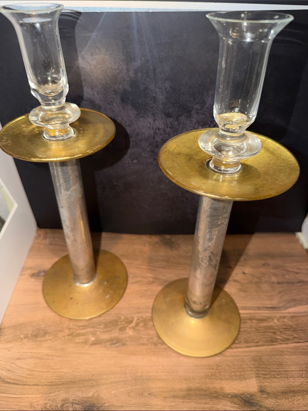 Crate&Barrel Gold and Clear Tall Candle Holders - Pair